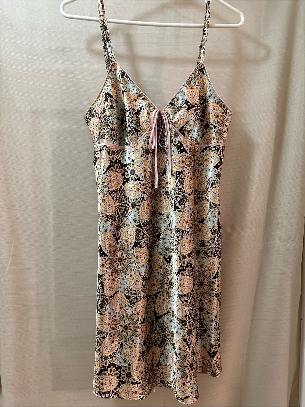 Adonna Satin Paisley Slip Dress Pink Blue Boho Y2K Tie Back Midi Size Medium